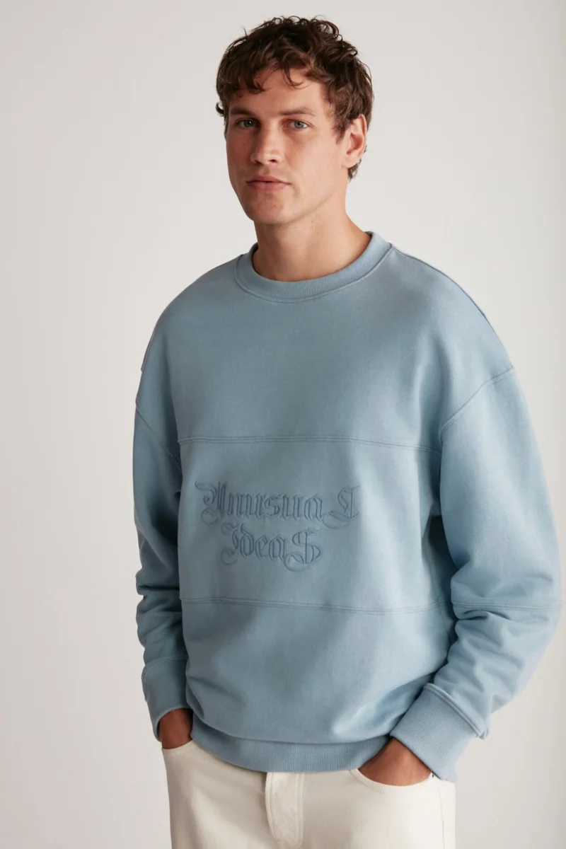 GRIMELANGE Drago Men's Oversize Fit Piece Front Embroidered Round Neck Blue Sweatshirt