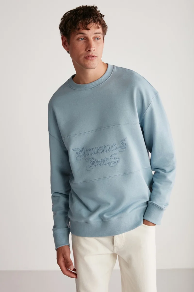GRIMELANGE Drago Men's Oversize Fit Piece Front Embroidered Round Neck Blue Sweatshirt