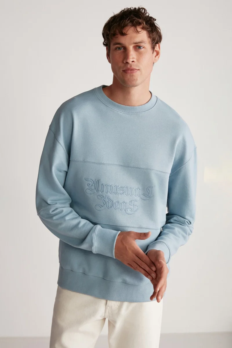GRIMELANGE Drago Men's Oversize Fit Piece Front Embroidered Round Neck Blue Sweatshirt