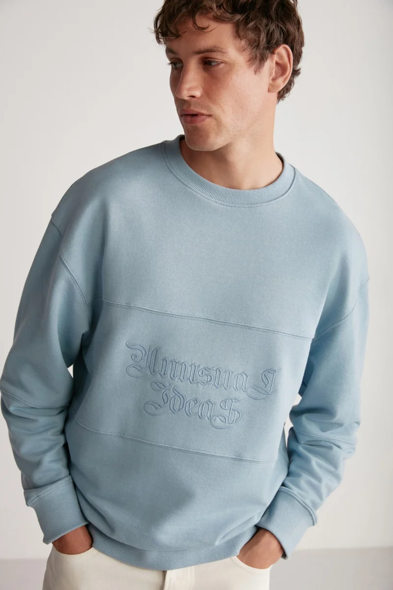 GRIMELANGE Drago Men's Oversize Fit Piece Front Embroidered Round Neck Blue Sweatshirt