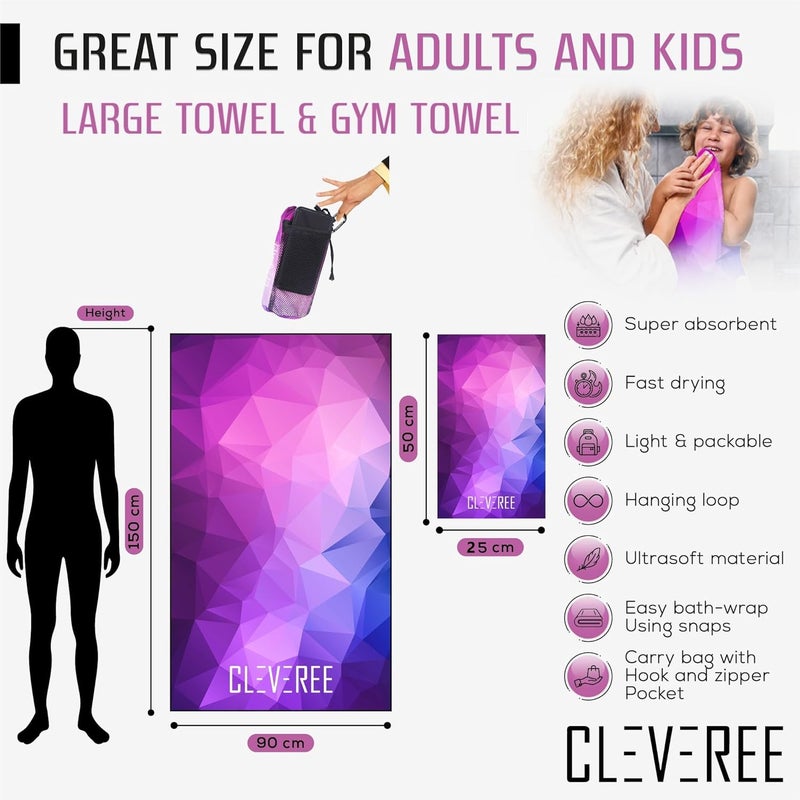 CLEVEREE Beach Towel and Gym Towel Pool Towel Swimming Towel for Men Women Microfiber towel Travel Towel fast-drying towel with carry bag Extra Large 150x90 cm and Gym Towel 50X25 (Purple) - Image 4