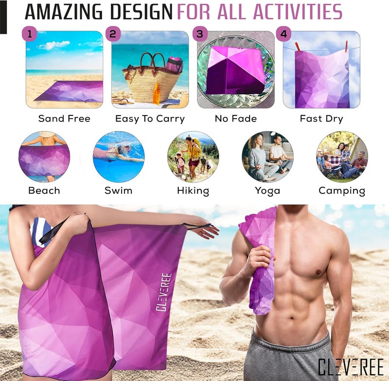 CLEVEREE Beach Towel and Gym Towel Pool Towel Swimming Towel for Men Women Microfiber towel Travel Towel fast-drying towel with carry bag Extra Large 150x90 cm and Gym Towel 50X25 (Purple) - Image 5