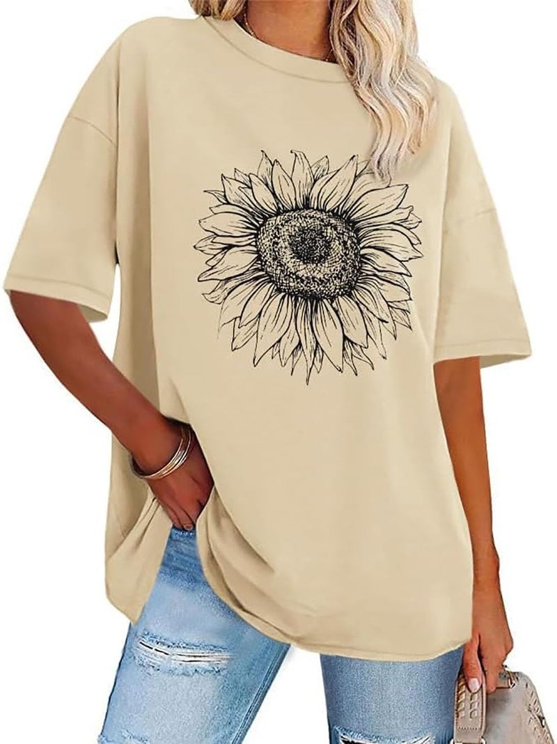 rosemia Womens Oversized Tshirt Graphic Tees Crew Neck Summer Short Sleeve Loose Fit Tops (A-Sunflower Print Khaki, XL) - Image 1