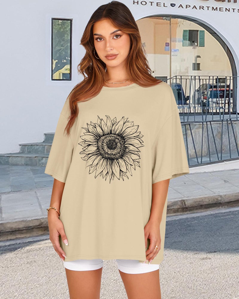 rosemia Womens Oversized Tshirt Graphic Tees Crew Neck Summer Short Sleeve Loose Fit Tops (A-Sunflower Print Khaki, XL) - Image 5