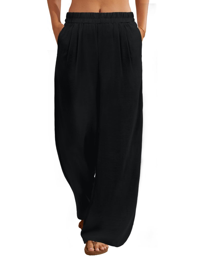FireSwan Linen Pants Women Wide Leg Palazzo Pants Flowy Elastic Waist Summer Beach Casual Trousers with Pockets(Black S) - Image 1