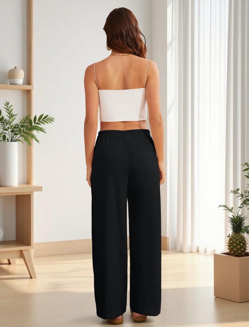 FireSwan Linen Pants Women Wide Leg Palazzo Pants Flowy Elastic Waist Summer Beach Casual Trousers with Pockets(Black S) - Image 5