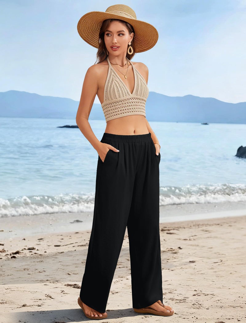 FireSwan Linen Pants Women Wide Leg Palazzo Pants Flowy Elastic Waist Summer Beach Casual Trousers with Pockets(Black S) - Image 3