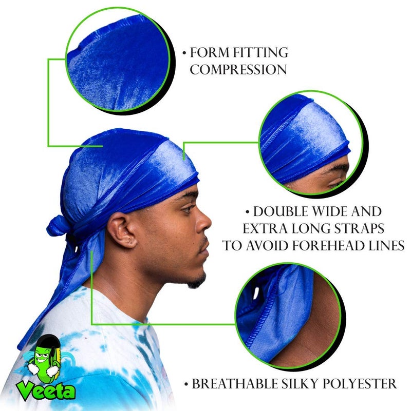 Veeta Superior Velvet Durag - Soft Velvet Durags for Men & Women, Long Double Wide Straps, Silky Durag Liner, Triple Stitched - Image 3