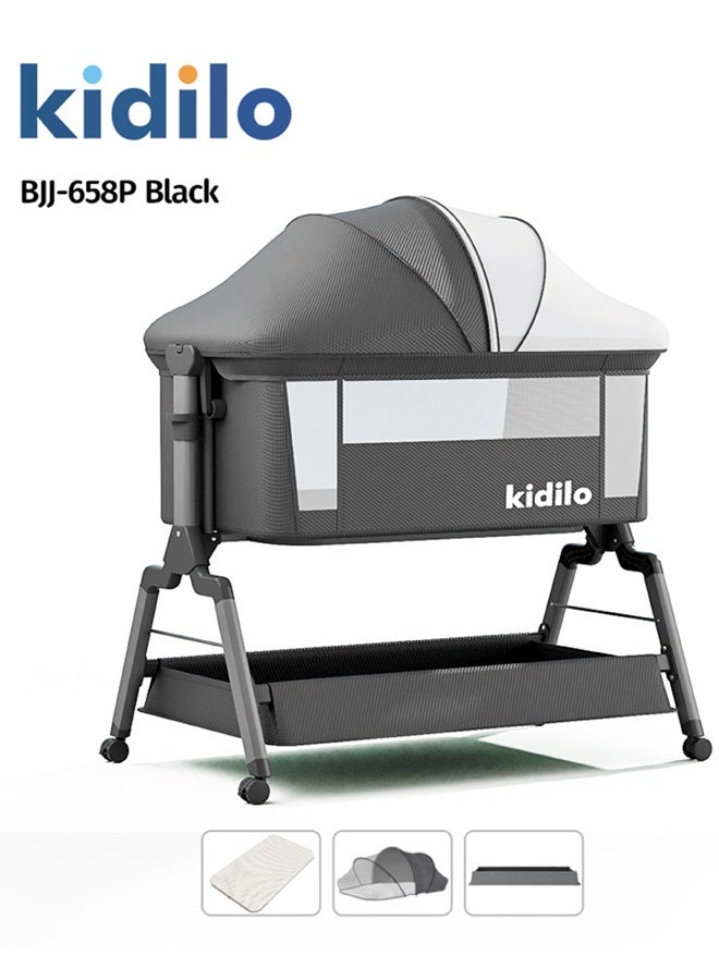 Kidilo Portable Newborn Baby Folding Bedside Crib Bassinet Bed With Large Storage Basket, Side Mesh, Adjustable Height, Soft Mattress, Swivel Wheels And Mosquito Net