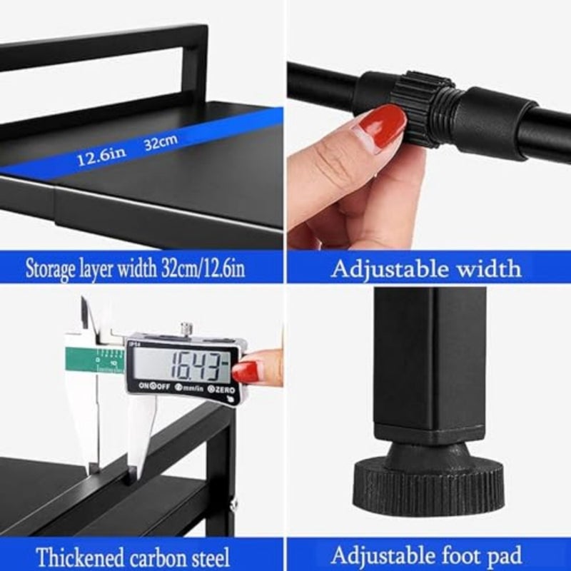 Microwave Shelf for Kitchen, Microwave Stand with 3 Hooks, Expandable Horizontal Extension Microwave Oven Rack, Adjustable Kitchen Stand Storage for Toaster Oven Rice Cooker-Black - Image 5