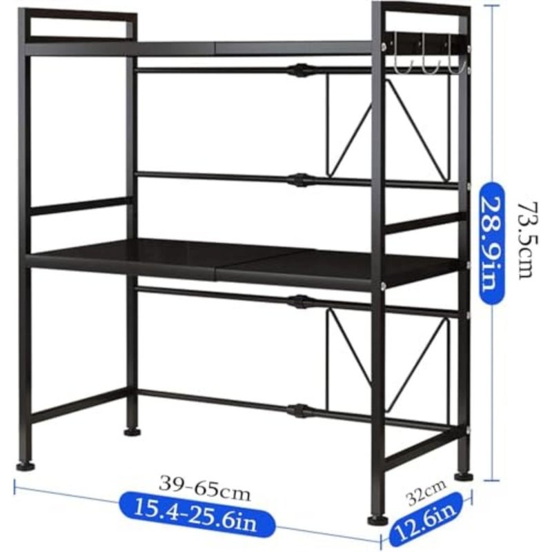 Microwave Shelf for Kitchen, Microwave Stand with 3 Hooks, Expandable Horizontal Extension Microwave Oven Rack, Adjustable Kitchen Stand Storage for Toaster Oven Rice Cooker-Black - Image 2