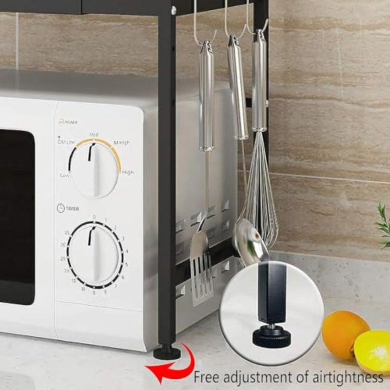 Microwave Shelf for Kitchen, Microwave Stand with 3 Hooks, Expandable Horizontal Extension Microwave Oven Rack, Adjustable Kitchen Stand Storage for Toaster Oven Rice Cooker-Black - Image 3