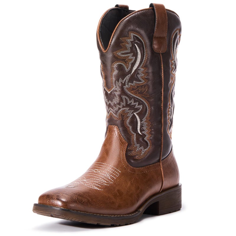 TruVeld Men's Brown Square Toe Cowboy Boots Wide Toe Western Shoes for All Day Comfort - Image 1