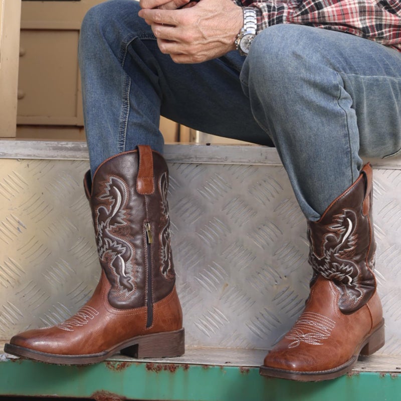 TruVeld Men's Brown Square Toe Cowboy Boots Wide Toe Western Shoes for All Day Comfort - Image 2