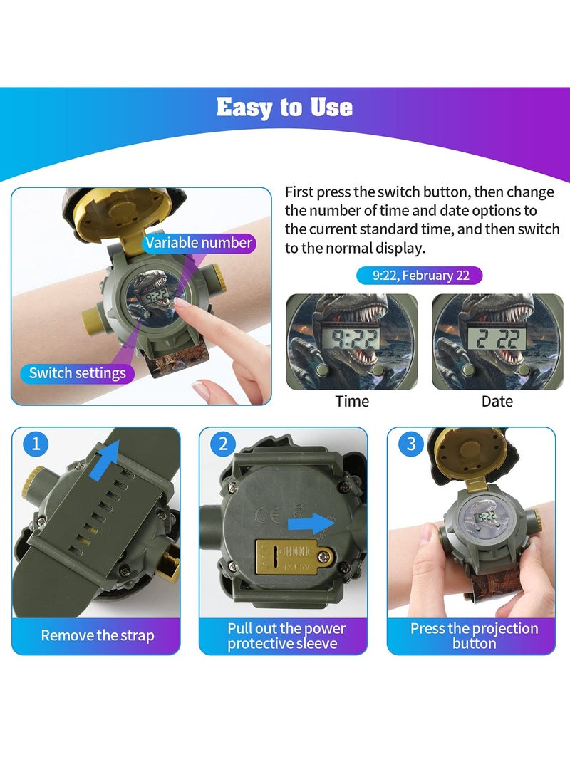 Zikra Watch with 24 Kinds of Dinosaur Projection Pattern Cartoon Children Digital Dinosaur Watch Toy for Boys and Girls Children Toy Watches with Cover Adjustable Date and Time Projector Watch - Image 4