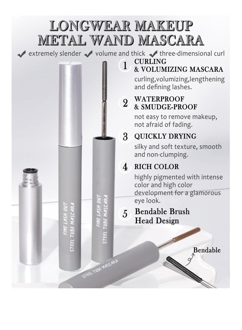 Excefore ماسكارا ثلاثية الأبعاد بقضيب معدني قابل للغسل، قطعتان من ماسكارا طويلة ورفيعة للغاية ومقاومة للماء، تدوم طويلاً ومقاومة للتلطخ، ماسكارا بفرشاة حديدية قابلة للانحناء، هدية مكياج للنساء، باللونين الأسود والبني - Image 3