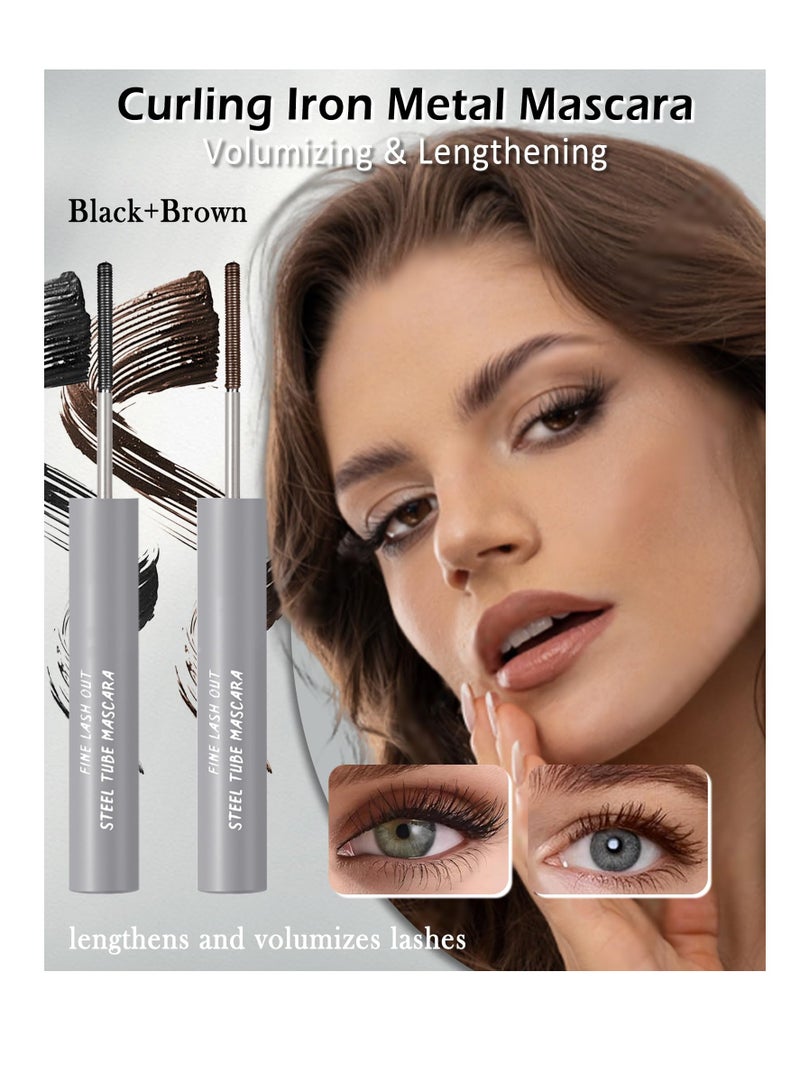 Excefore ماسكارا ثلاثية الأبعاد بقضيب معدني قابل للغسل، قطعتان من ماسكارا طويلة ورفيعة للغاية ومقاومة للماء، تدوم طويلاً ومقاومة للتلطخ، ماسكارا بفرشاة حديدية قابلة للانحناء، هدية مكياج للنساء، باللونين الأسود والبني - Image 2