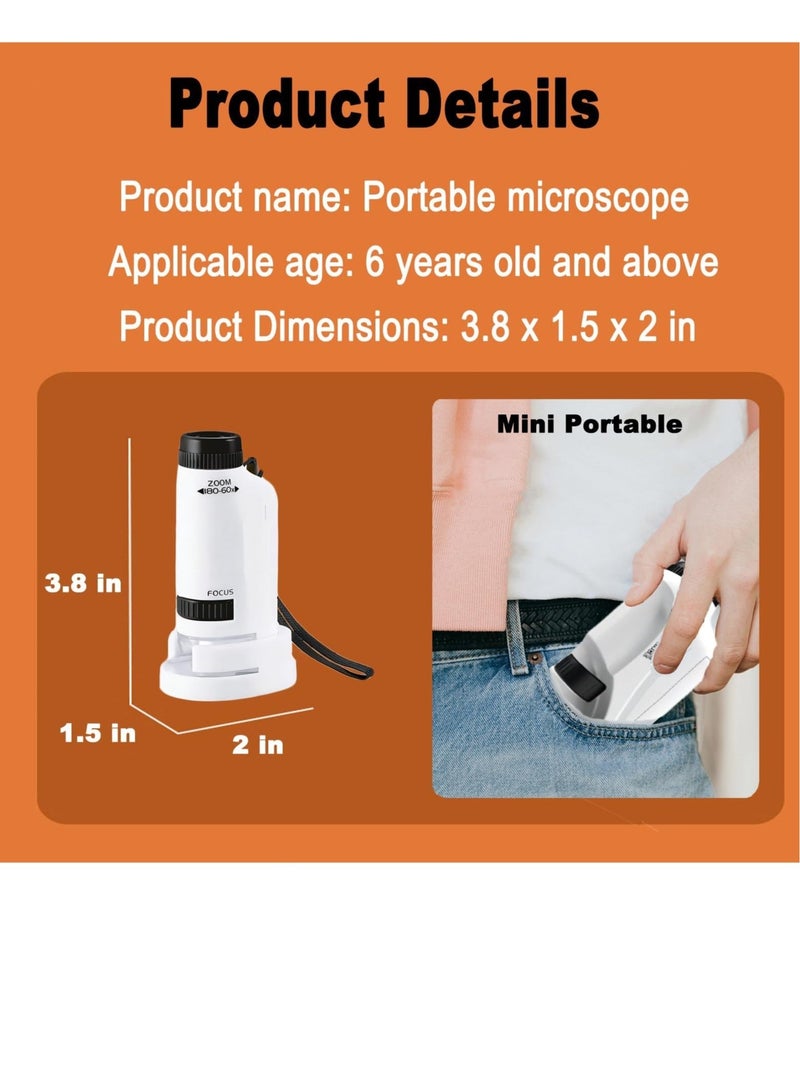 Mini Microscope for Kids, Portable Handheld Microscope for Kids, Supports Multiple Switching Magnifications, with 12pcs Microscope Slides, for Learning, Education and Exploring