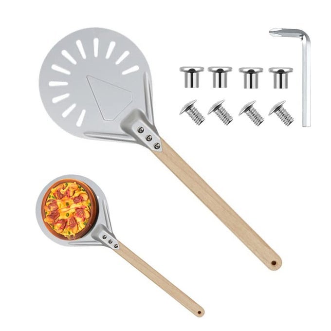 ROUND PERFORATED PIZZA PEEL WITH DETACHABLE WOOD HANDLE ALUMINUM TURNING PEEL PIZZA PADDLE METAL NONSLIP PERFORATED PIZZA PADDLE FOR BAKING7INCH