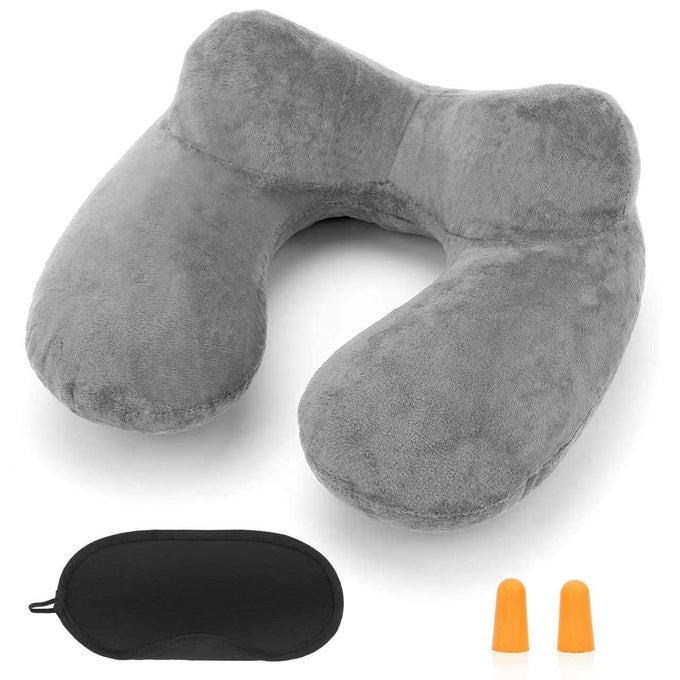 INFLATABLE TRAVEL PILLOW FOR AIRPLANE INFLATABLE NECK PILLOW FOR TRAVELING WITH SOFT VELVET WASHABLE COVER FOR SLEEPING AIRPLANETRAIN CAR OFFICE CONTOURED EYE MASKS EARPLUGS