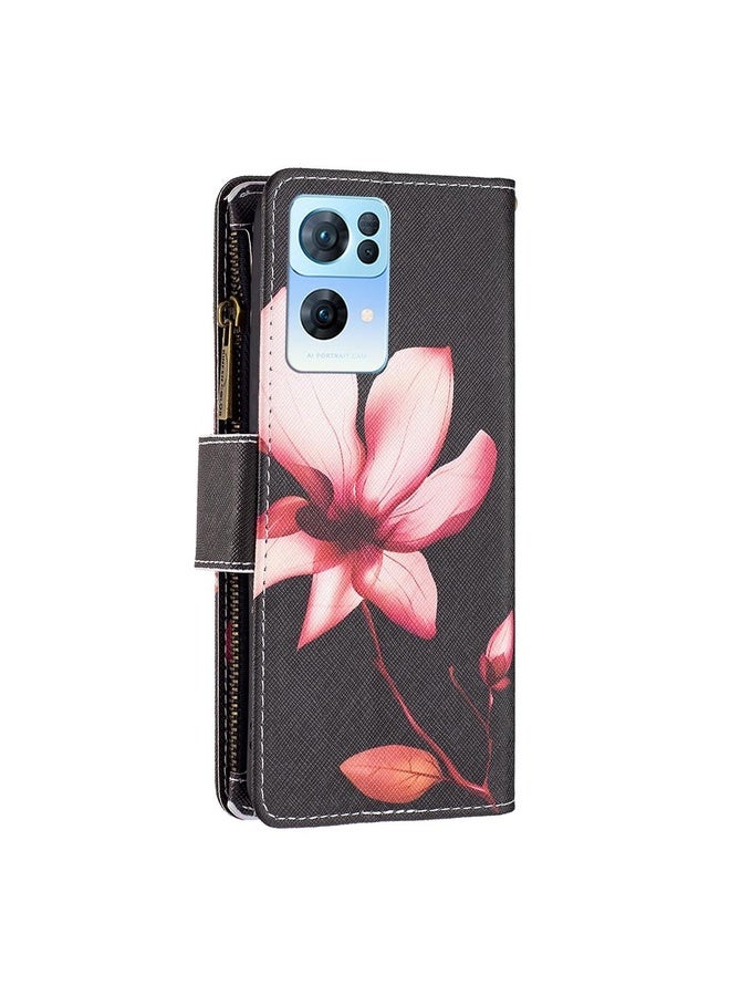 HuHa Case Cover For OPPO Reno7 5G Global Colored Drawing Pattern Zipper Horizontal Flip Phone Leather Case(Lotus)  - Image 3