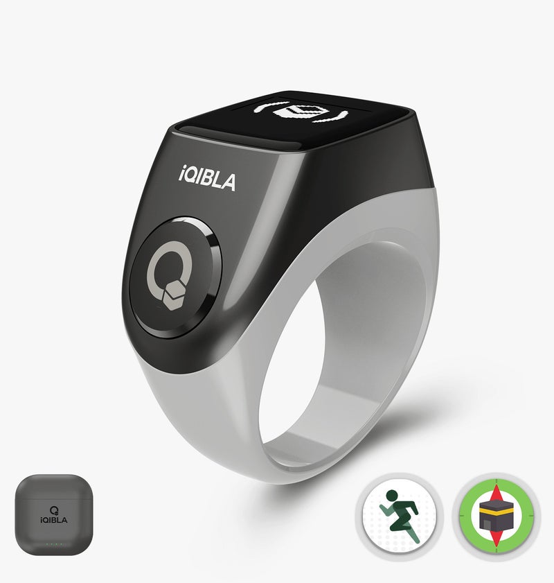 iQibla Zikr Ring Jood 3 Air Smart Tasbih Counter Ring with 3 Compatible Sizes & Charging Case, Bluetooth 5.3 Digital Tasbeeh Counter, Qibla Direction, Prayer Reminder, Step & Calorie Tracker, IPX5 Waterproof, iQibla Life App Grey - Image 1