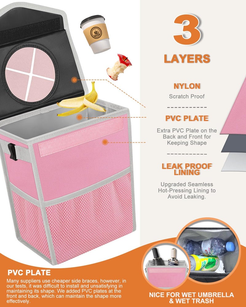 Pritent Car Trash Can with Lid, Cute Leakproof Car Trash Garbage Bag Hanging Vehicle Trash Bin Small Portable Automotive Garbage Cans Organizer for Back/Front Seat(Trapezoid,Pink - Image 3