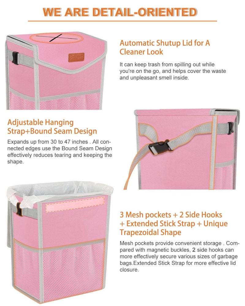 Pritent Car Trash Can with Lid, Cute Leakproof Car Trash Garbage Bag Hanging Vehicle Trash Bin Small Portable Automotive Garbage Cans Organizer for Back/Front Seat(Trapezoid,Pink - Image 4