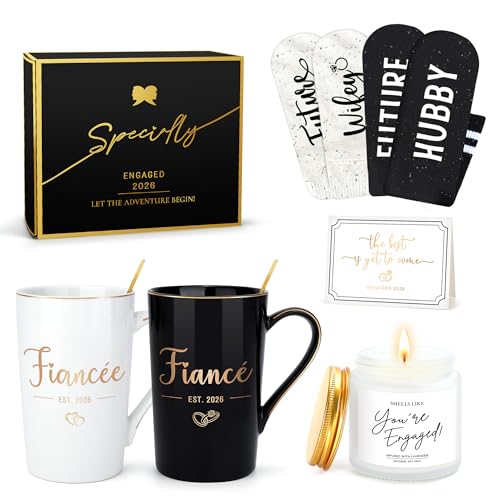 HELORAY Engagement Gifts for Couples Newly Engaged Gifts for Couple Happy Engagement Gift for Women Fiance Gift for Women Just Engaged Decorations Ideas with Mugs Socks Candle Card for Her Him Men Best Friend - Image 1
