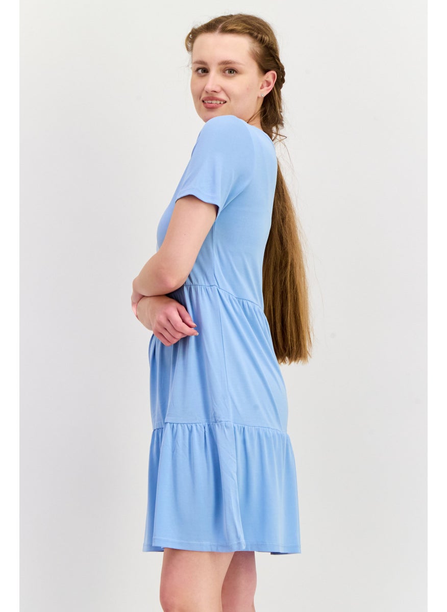 ONLY Women Plain Short Sleeve Mini Dress, Blue  - Image 2