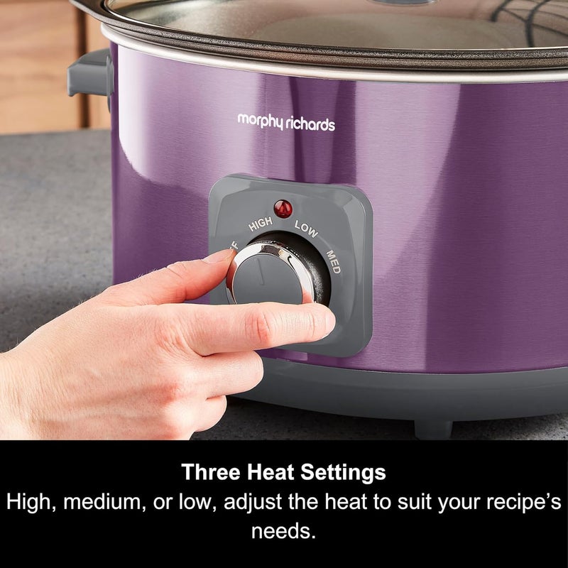 Morphy Richards Accents 461024 6.5L Slow Cooker, Non-Stick Shatter Resistant Aluminum Cooker, Single Pot Cooker, 3 Heat Settings, Burner Proof, Glass Lid - Image 3