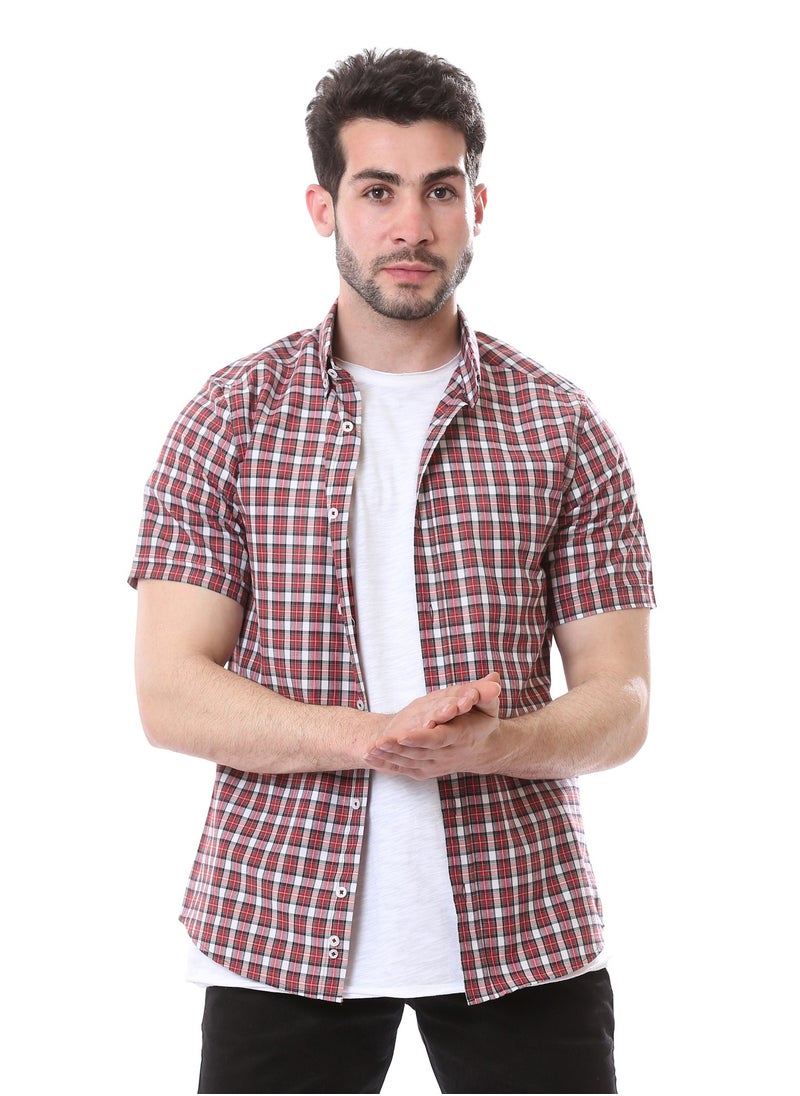 Andora - Classic Collar Regular Fit Summer Shirt - Red, White & Black - Image 1