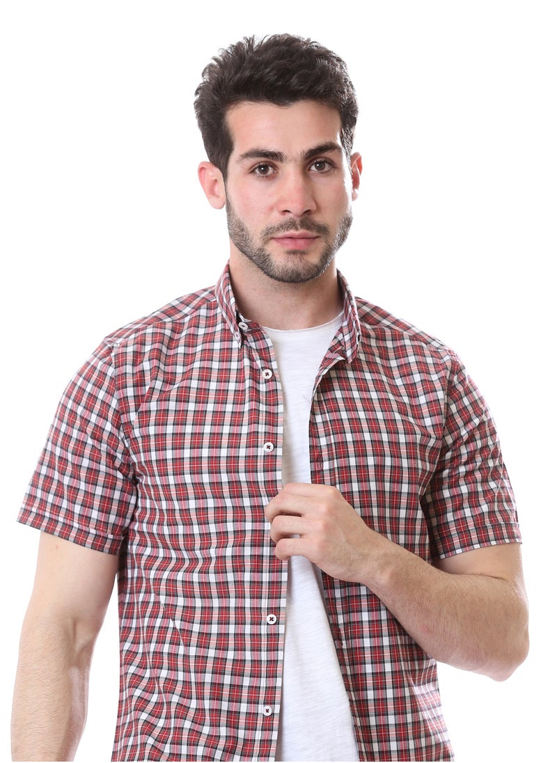 Andora - Classic Collar Regular Fit Summer Shirt - Red, White & Black - Image 1