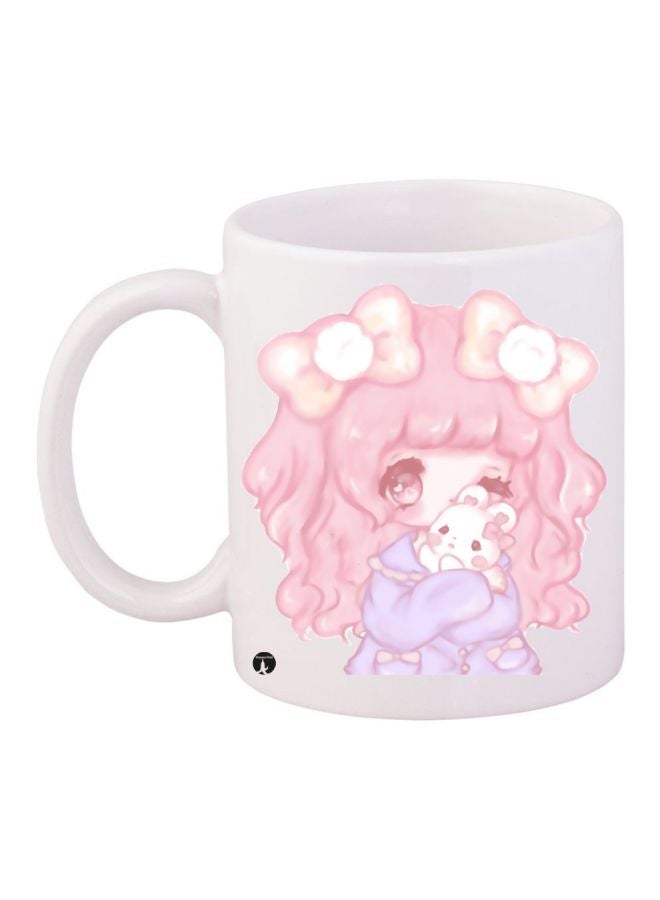 RYN Cartoon Girl Printed Coffee Mug White/Pink/Purple 11ounce