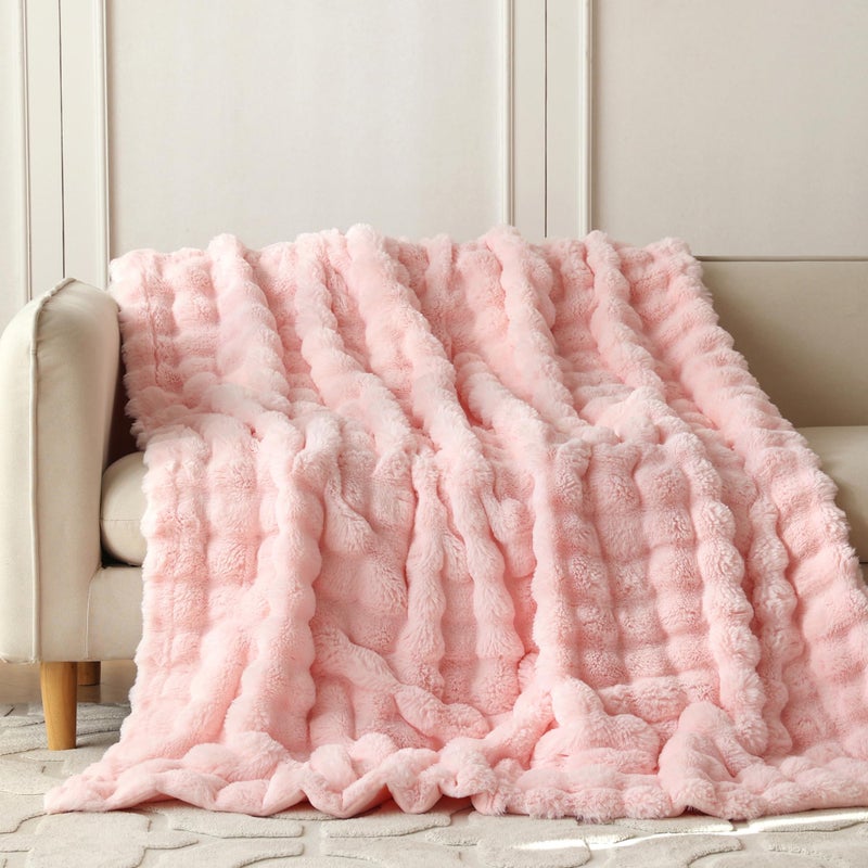 Coova Faux Rabbit Fur & Flannel رمي بطانية 60 × 80 بوصة - بطانية ذات حجم مزدوج فاخر ودافئ لليخ - Image 2
