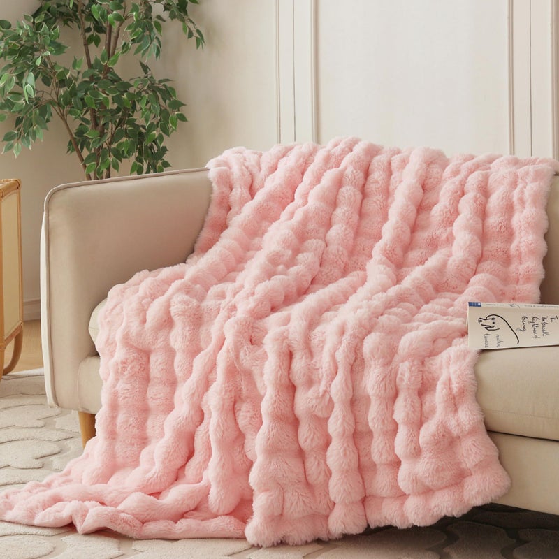 Coova Faux Rabbit Fur & Flannel رمي بطانية 60 × 80 بوصة - بطانية ذات حجم مزدوج فاخر ودافئ لليخ - Image 1