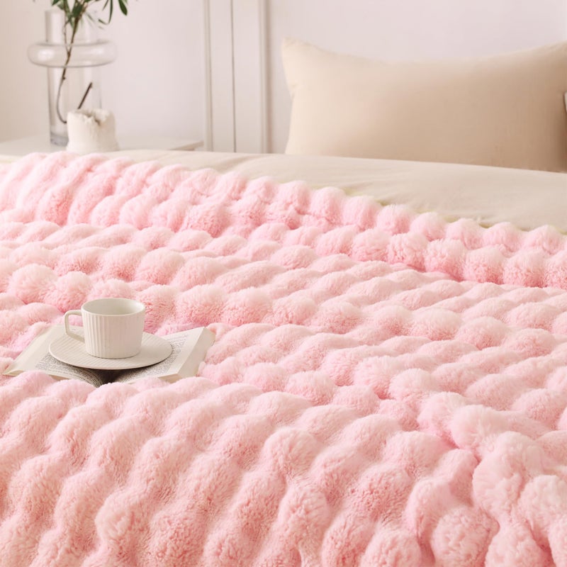 Coova Faux Rabbit Fur & Flannel رمي بطانية 60 × 80 بوصة - بطانية ذات حجم مزدوج فاخر ودافئ لليخ - Image 3