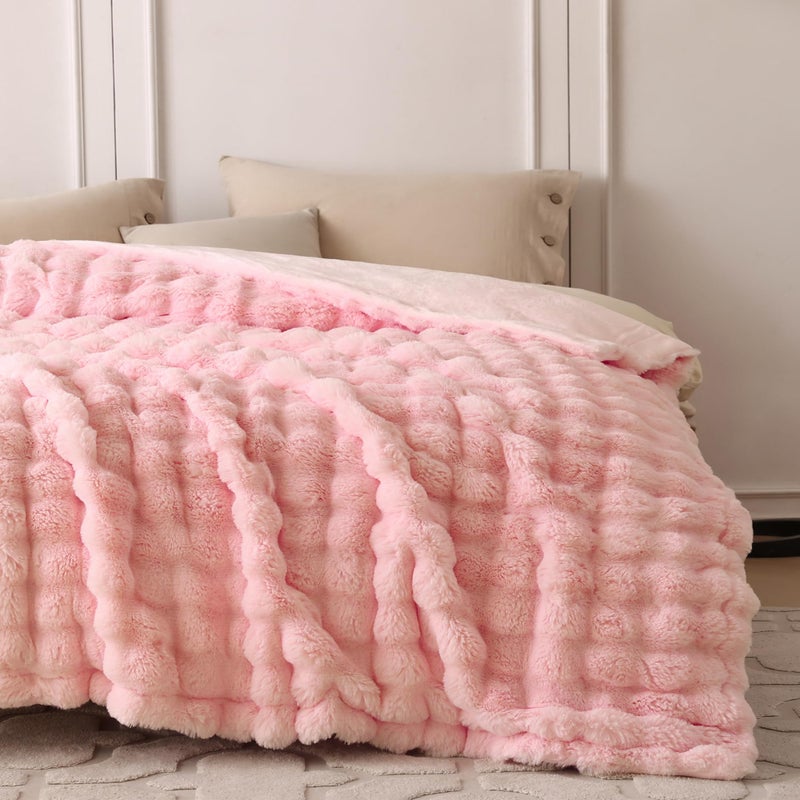 Coova Faux Rabbit Fur & Flannel رمي بطانية 60 × 80 بوصة - بطانية ذات حجم مزدوج فاخر ودافئ لليخ - Image 4