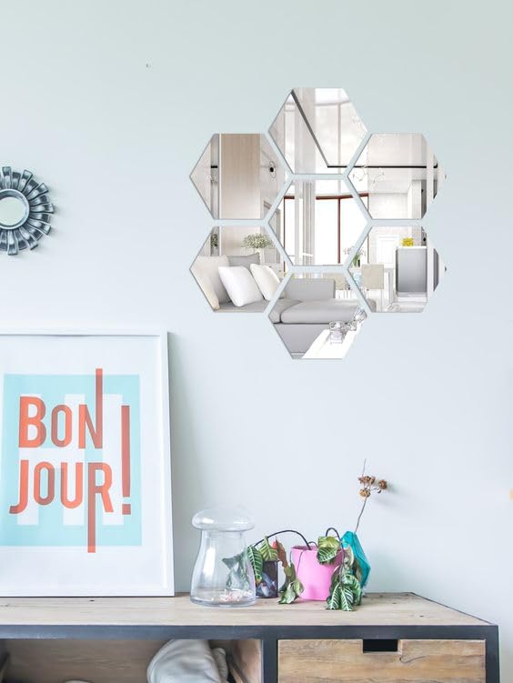 WallWear Hexagon 7 Silver Mirror Stickers for Wall Hexagon Mirror Wall Stickers Acrylic Mirror Wall Decor Sticker Hexagonal Mirror Wall Sticker Wall Mirror Stickers Wall Stickers for Hall Room Bed Room 