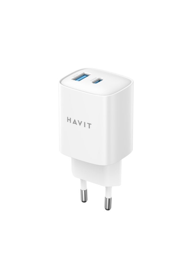 هافيت شاحن حائط Havit UC30 Pro بقوة 30 واط بتقنية GaN - شحن آمن وسريع (USB-C + USB-A)