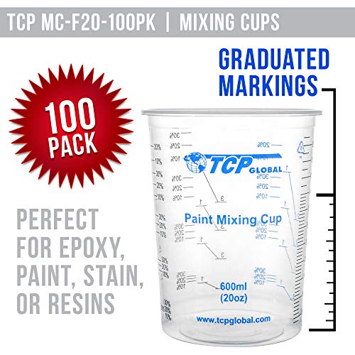 TCP Global 20 oz. (600ml) Graduated Plastic Mixing Cups - Box of 100 with 50 Mixing Sticks - Disposable Plastic Measuring Cups for Liquids, Paints, Resin, Epoxy, Art, Kitchen - Ratios 2-1, 3-1, 4-1 ML - Image 2
