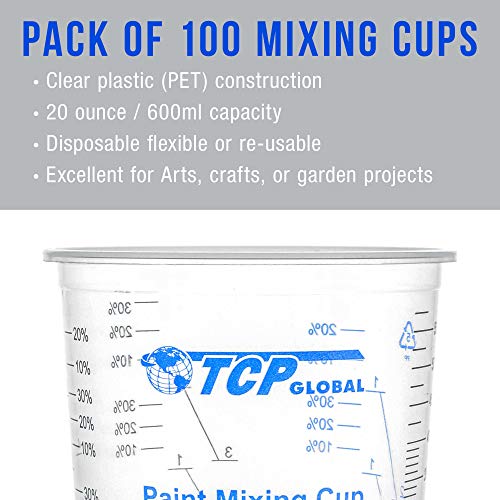 TCP Global 20 oz. (600ml) Graduated Plastic Mixing Cups - Box of 100 with 50 Mixing Sticks - Disposable Plastic Measuring Cups for Liquids, Paints, Resin, Epoxy, Art, Kitchen - Ratios 2-1, 3-1, 4-1 ML - Image 4