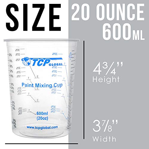 TCP Global 20 oz. (600ml) Graduated Plastic Mixing Cups - Box of 100 with 50 Mixing Sticks - Disposable Plastic Measuring Cups for Liquids, Paints, Resin, Epoxy, Art, Kitchen - Ratios 2-1, 3-1, 4-1 ML - Image 3