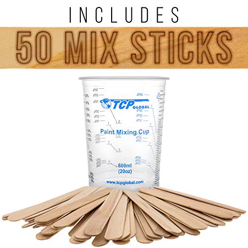 TCP Global 20 oz. (600ml) Graduated Plastic Mixing Cups - Box of 100 with 50 Mixing Sticks - Disposable Plastic Measuring Cups for Liquids, Paints, Resin, Epoxy, Art, Kitchen - Ratios 2-1, 3-1, 4-1 ML - Image 5