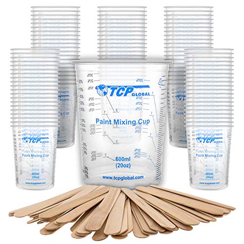 TCP Global 20 oz. (600ml) Graduated Plastic Mixing Cups - Box of 100 with 50 Mixing Sticks - Disposable Plastic Measuring Cups for Liquids, Paints, Resin, Epoxy, Art, Kitchen - Ratios 2-1, 3-1, 4-1 ML - Image 1