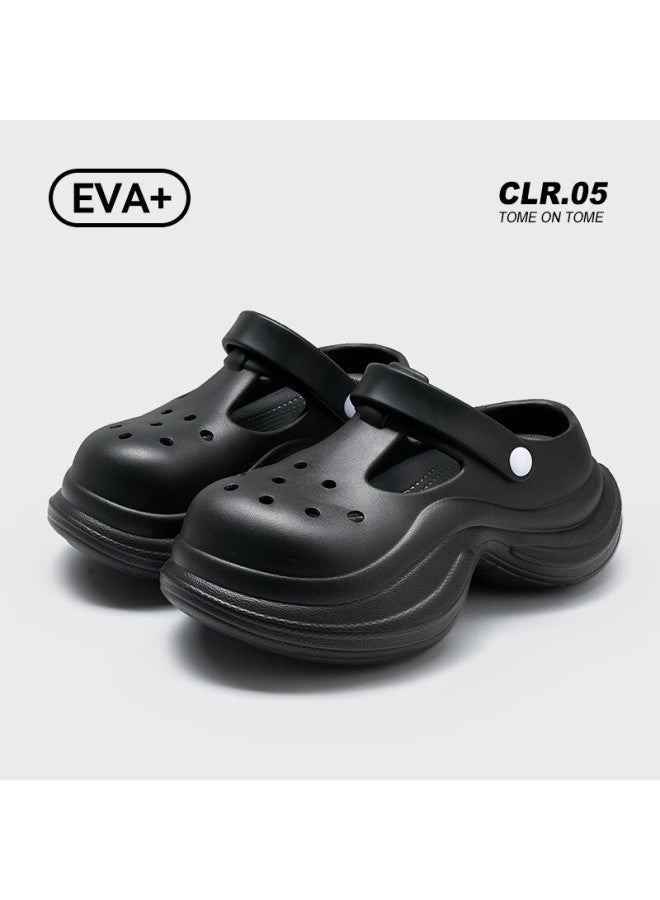 Guoluofei Platform Thick-soled Slender-waist Perforated Shoes For Women, Outdoor Wear, Non-slip, Beach Fashion Eva Closed-toe Sandals, Black, Size 35 - Image 1