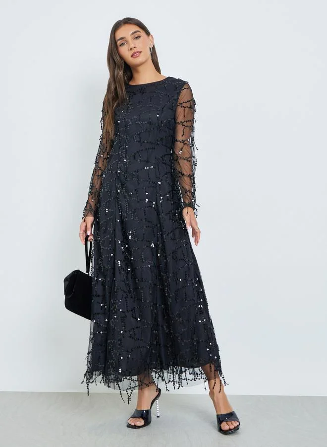Styli Black Sequin Maxi Dress with Long Sleeves