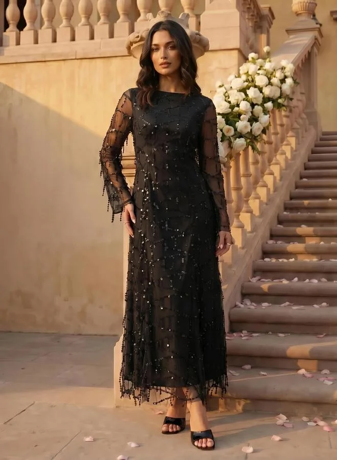 Styli black Black Sequin Maxi Dress with Long Sleeves for Women | Best Price UAE
