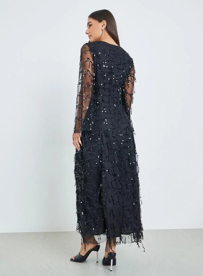 Styli black Black Sequin Maxi Dress with Long Sleeves for Women | Best Price UAE