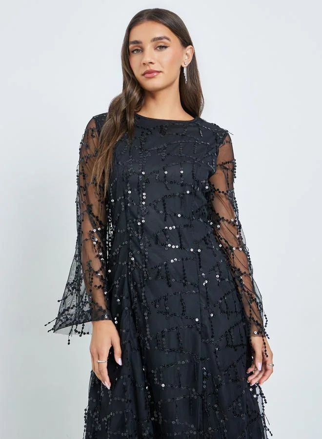 Styli Black Sequin Maxi Dress with Long Sleeves